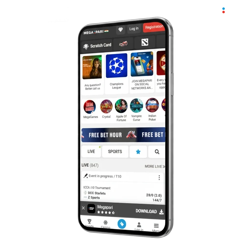 Download MegaPari app for Android & iOS; betting, live casino. 200% up to 14,000 MAD + 150 free spins. Payment icons.