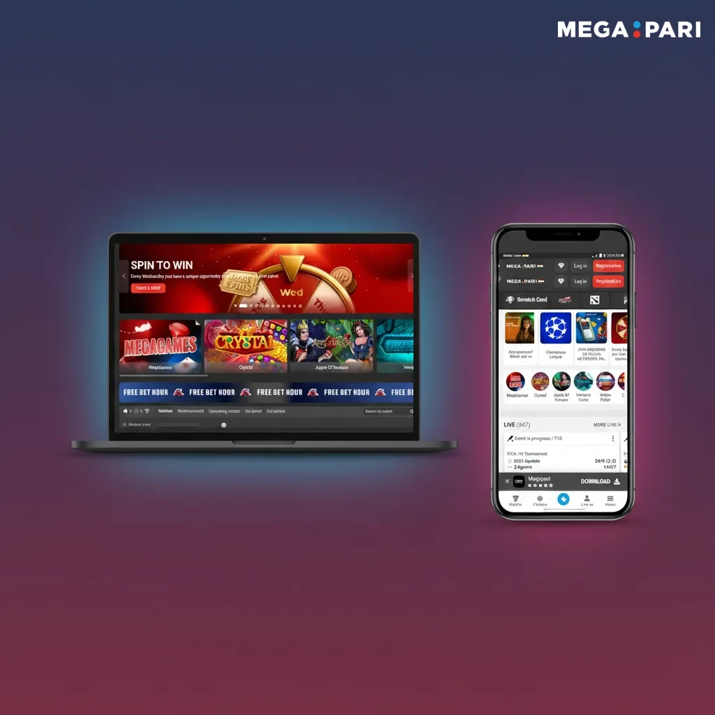 Interface française de MegaPari avec menu: Sport, En direct, eSports, Casino, Casino en direct, Paiements, Résultats, App.