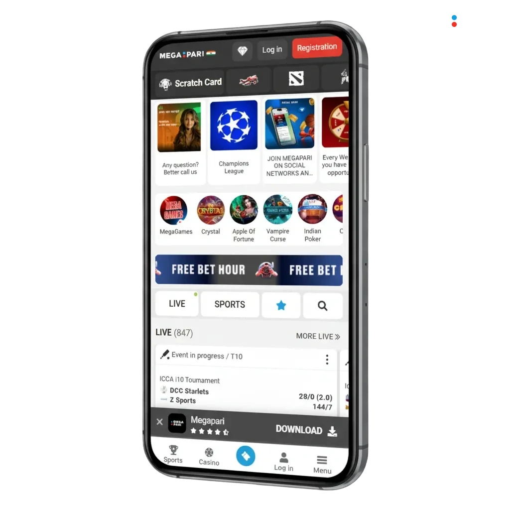 واجهة تنزيل تطبيق MegaPari للأندرويد (APK) وiOS، يدعم العربية والفرنسية، كازينو ومراهنات، طرق دفع مثل Visa وBitcoin وغيرها