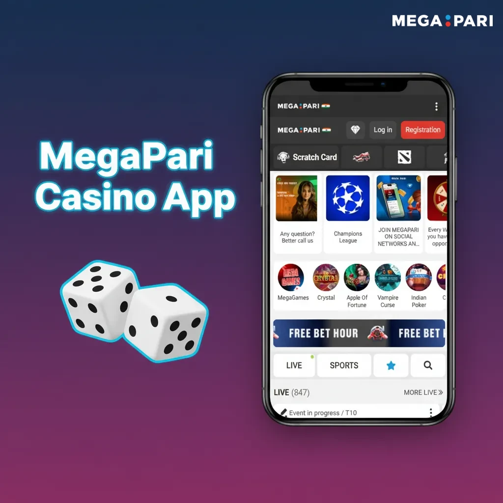 MegaPari Casino app showing Sports and Casino tabs, slots, live dealers, game shows, and Promotions for spins and reloads.