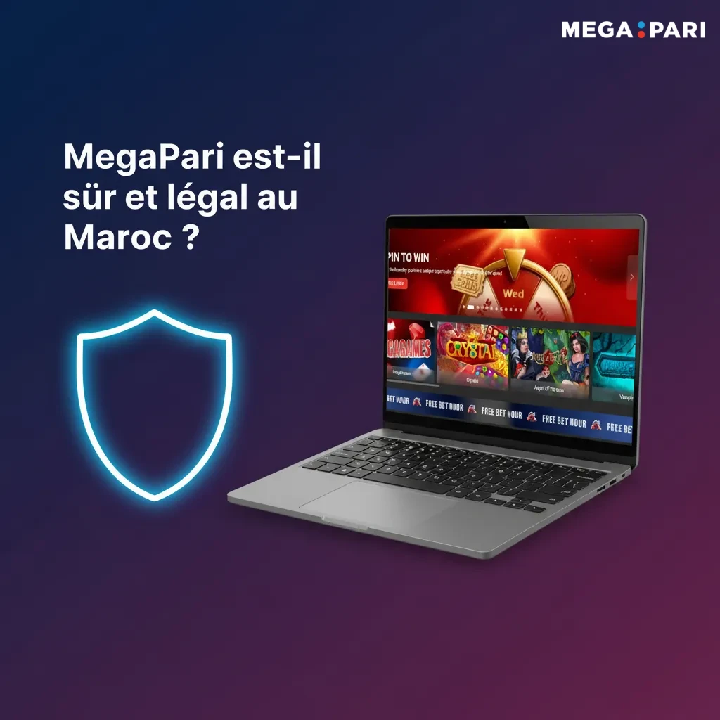 Logo MegaPari au Maroc avec badge licence Curaçao eGaming et icônes de sécurité, confidentialité et jeu responsable