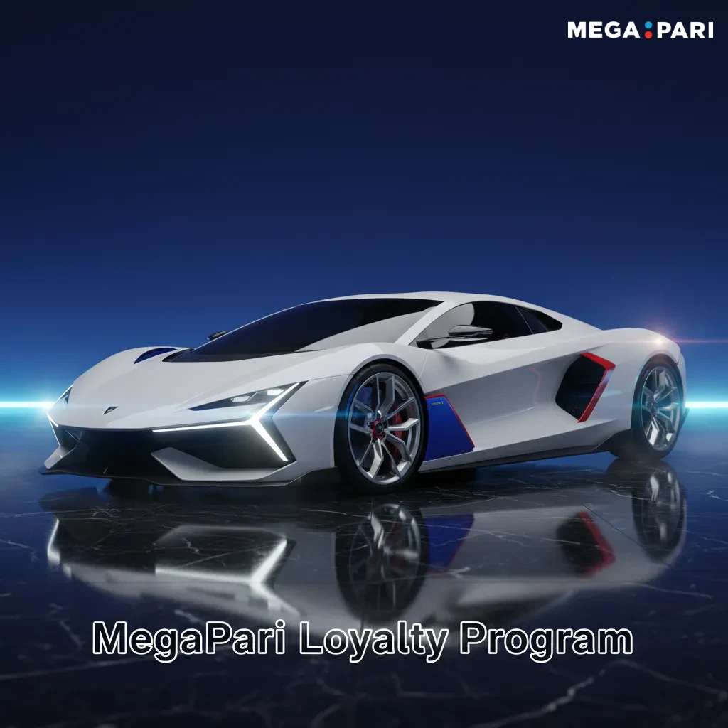 MegaPari Loyalty Program infographic showing tiers, points from casino and sports, exchange rates, and cashback perks.