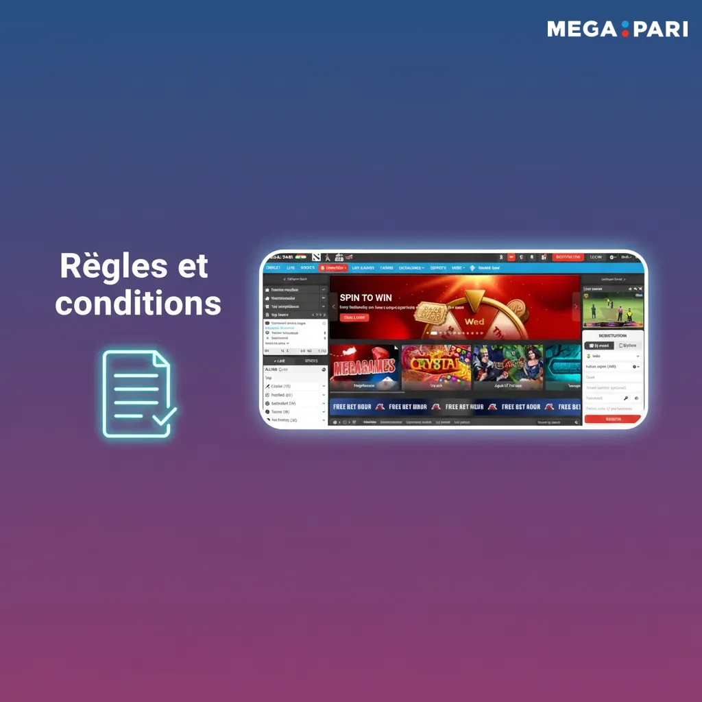 Bannière "Règles et conditions" avec icônes: 18+, compte unique, exigences de mise, paiements nominatifs, KYC.
