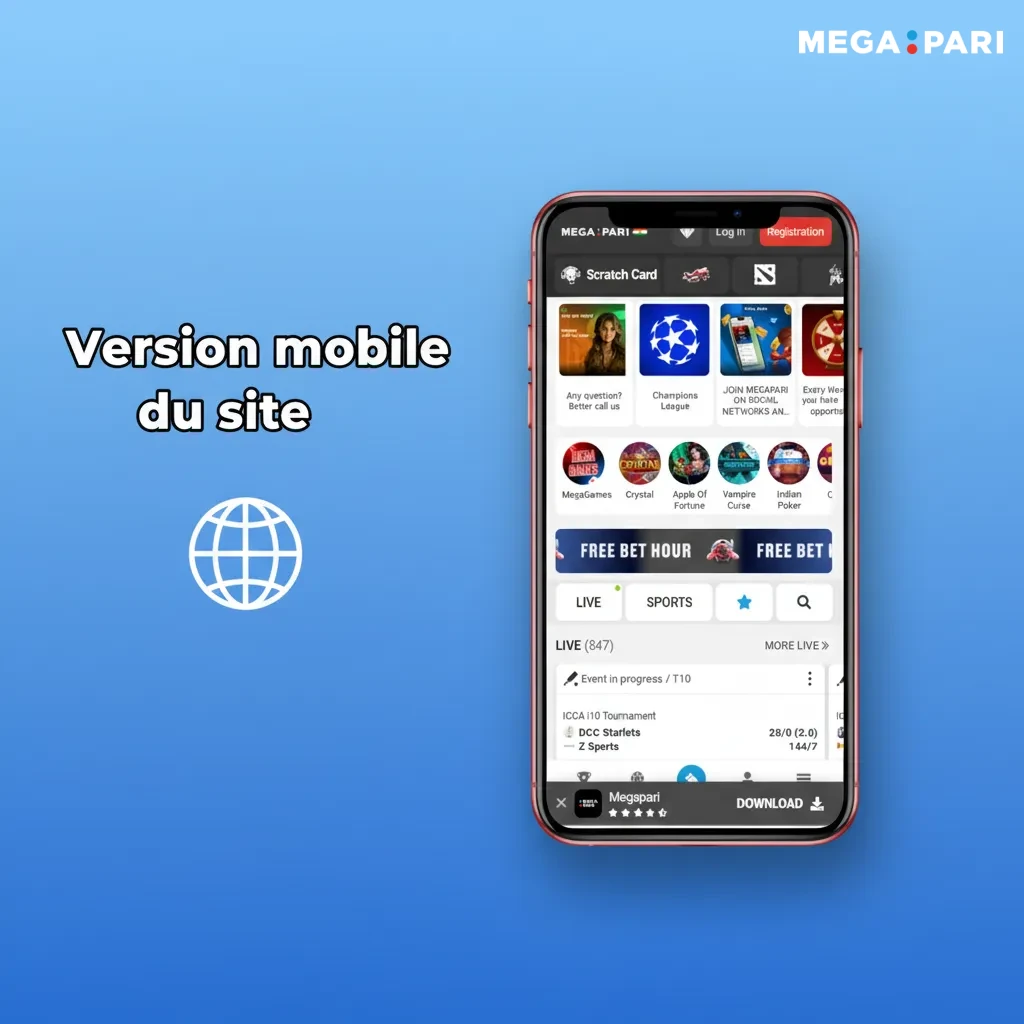 Version mobile du site: onglets Sport/Casino, paris en direct, cotes en temps réel, dépôts/retraits, paiements e‑wallet.