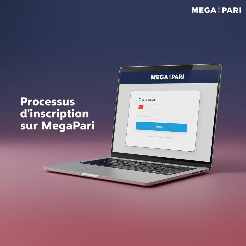 Schéma des étapes d’inscription MegaPari: e‑mail/téléphone/social, profil Maroc, mot de passe, vérification, dépôt bonus.