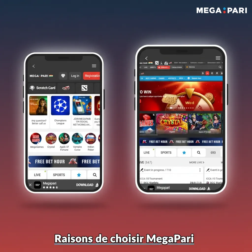 Visuel MegaPari Maroc: cotes élevées, Botola, cash out, slots, paiements via cartes, e-wallets, crypto, support 24/7 FR/AR