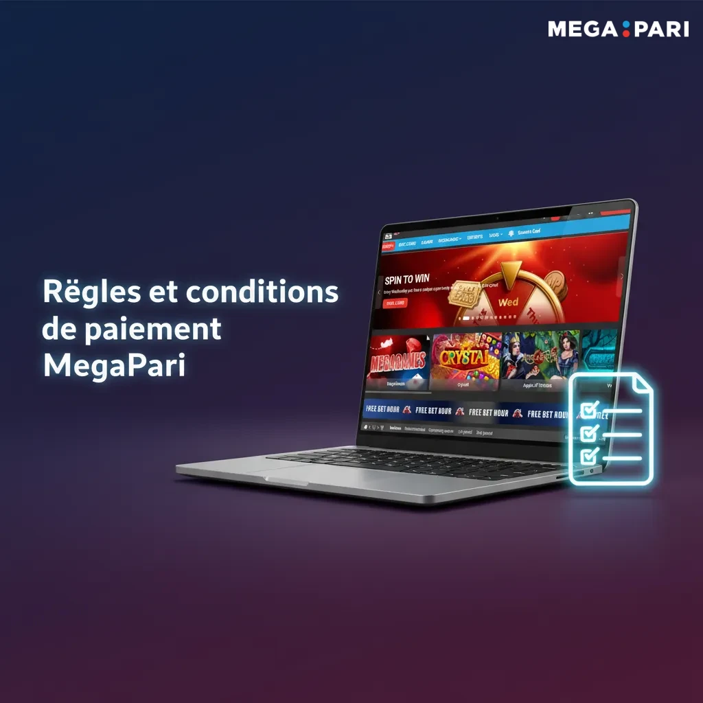 Infographie MegaPari: règles de paiement — compte au même nom, KYC, même méthode dépôts/retraits, exigence de mise, FX.